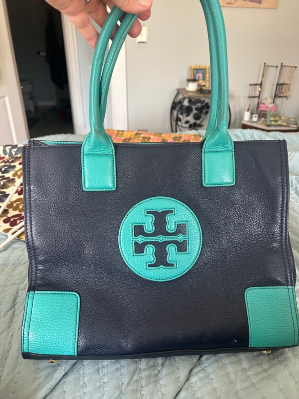 Tory Burch Navy and Teal Leather Satchel